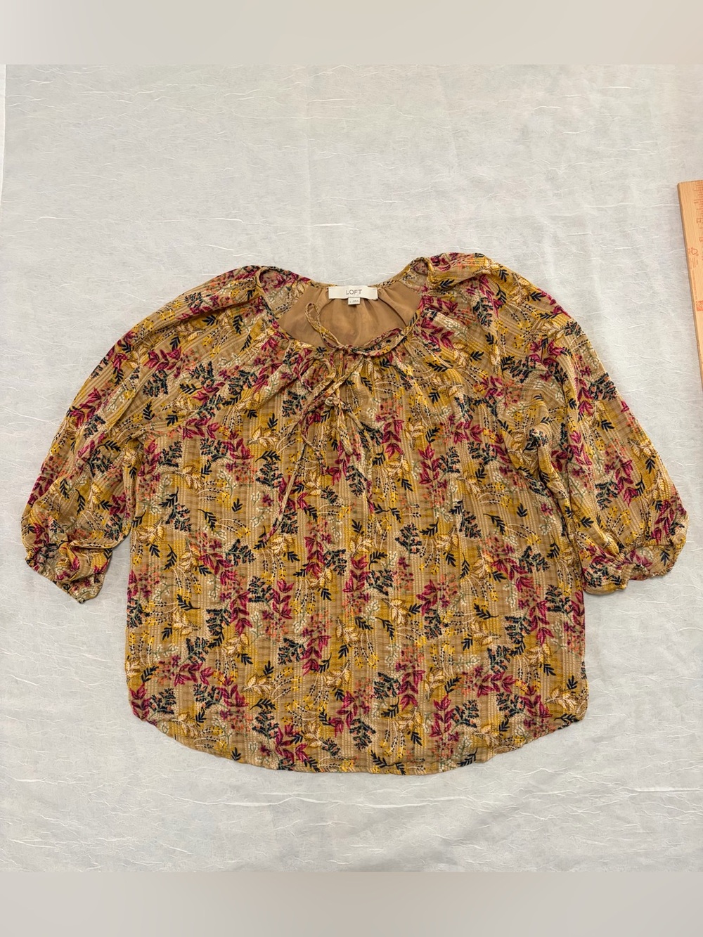 LOFT Mustard Floral Tie-Neck Blouse with Pink & Black Accents